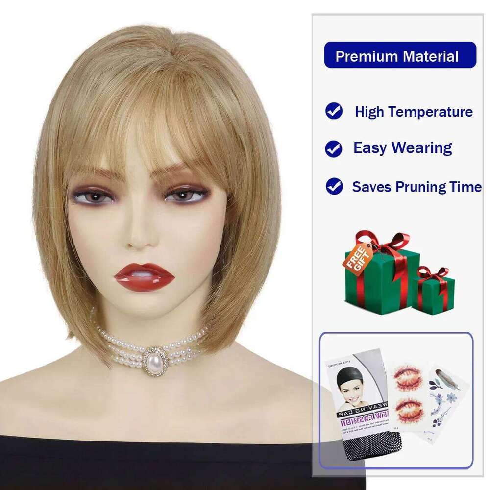 Synthetic Mix Blonde Bob with Bangs Short Straight Wigs for Women Natural Looking Daily Casual Party Mom Wig Heat Resistant