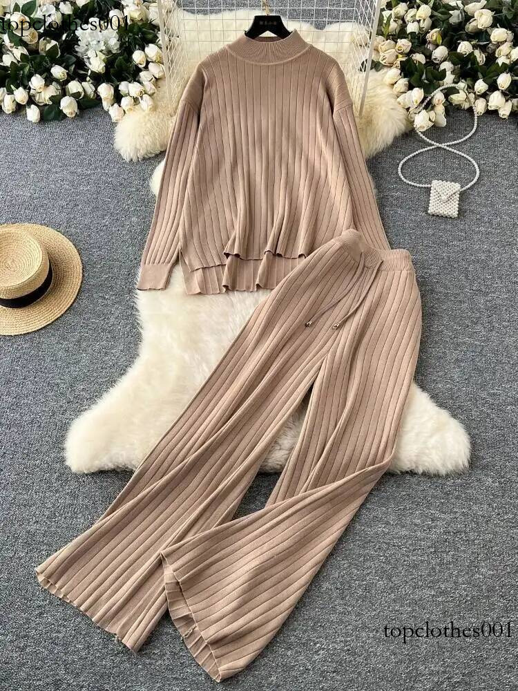 Autumn Winter Sweater Two Piece Set Women High Neck Pullover Loose Long Sleeved Knit Top+high Waist Wide Leg Casual Pants Outfit