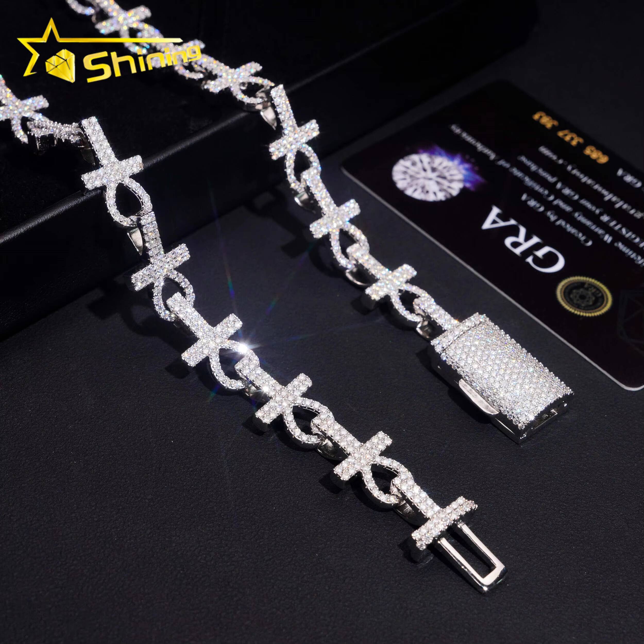 Ankle Cross Moissanite Necklace Chain Pass Tester VVS Moissanite 925 Silver Gold Plated Hip Hop Iced Out Cuban Link Chain