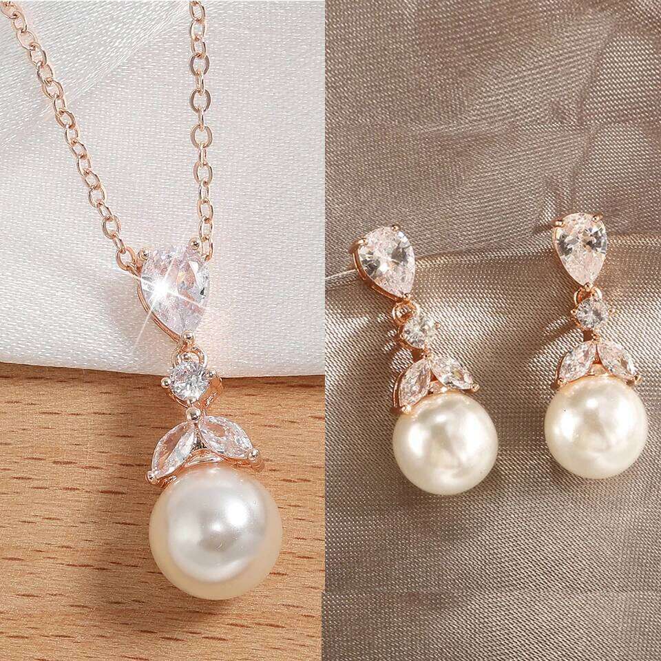 ZAKOL Elegant Clear Zircon Imitation Pearl Earring Necklaces for Women Minimalist Versatile Bridal Wedding Jewelry Set