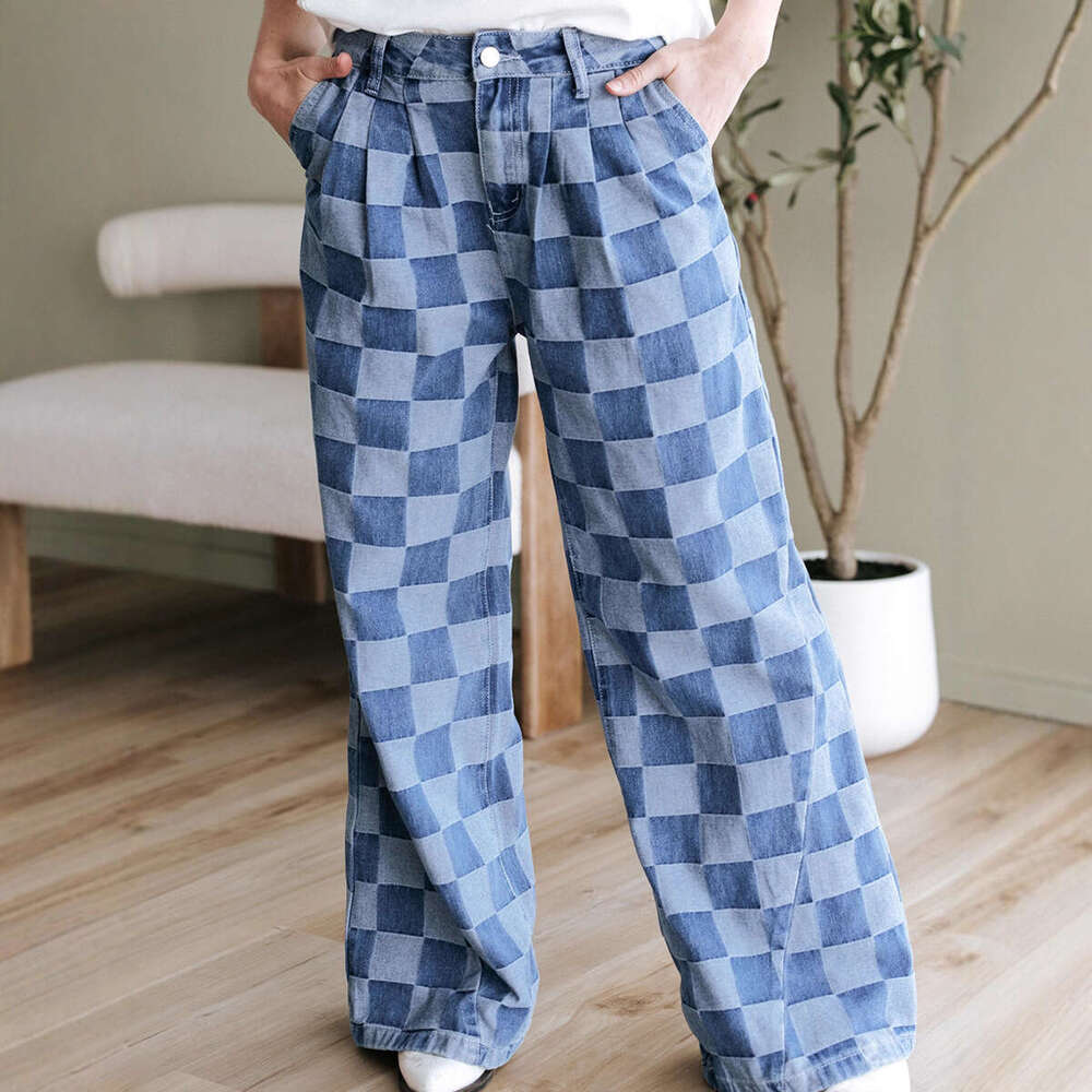 European American Style Trendy Checkerboard Print Jeans Spring and Autumn New High Waist Loose Wide Leg Pants for Women