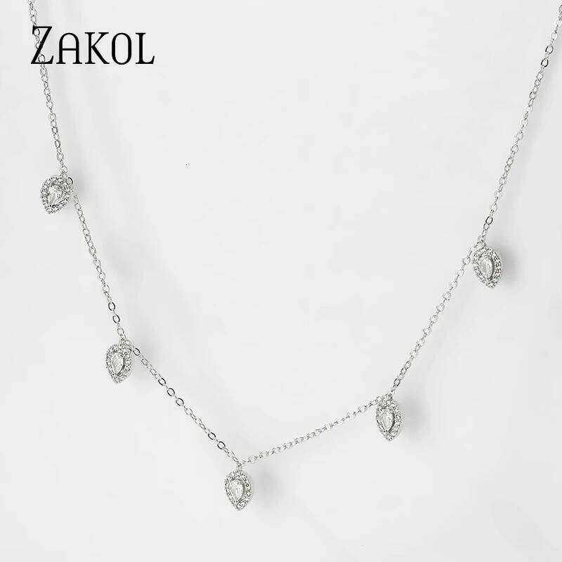 ZAKOL Korean Fashion Leaf Water Drop Choker Necklaces for Women AAA Cubic Zirconia Thin Chain Necklace Jewelry