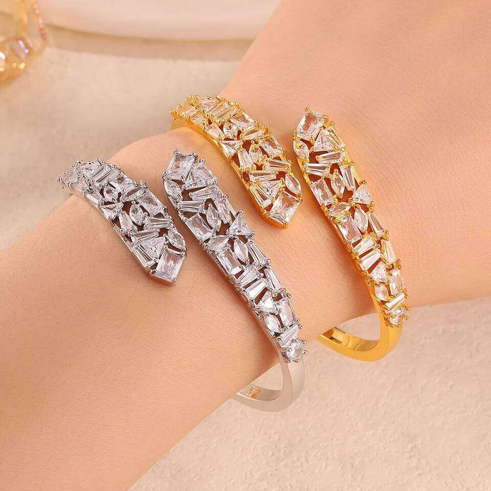 ZAKOL Shiny Brilliant Zircon Cross Leaves Open Bracelet for Women Luxury Elegant Dubai Bride Jewelry Accessories Party Gift