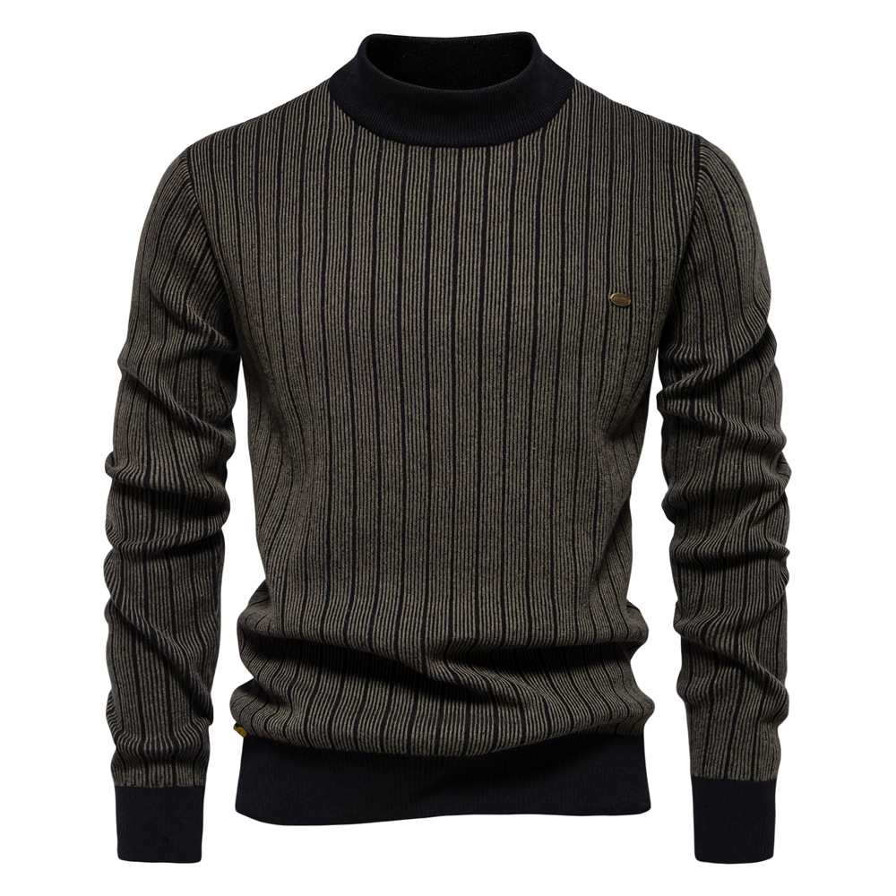 WOZK autumn and winter new semi high neck slim striped top fashionable high-quality men's pullover sweater warm designer
