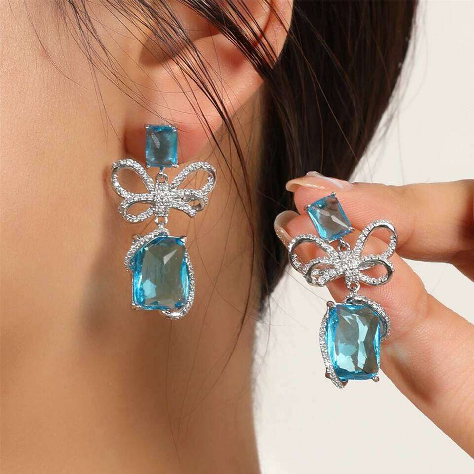 ZAKOL Exquisite Handmade Inlaid Zircon Bow Butterfly Dangle Earrings for Women Big Pink Blue Crystal CZ Wedding Party Jewelry