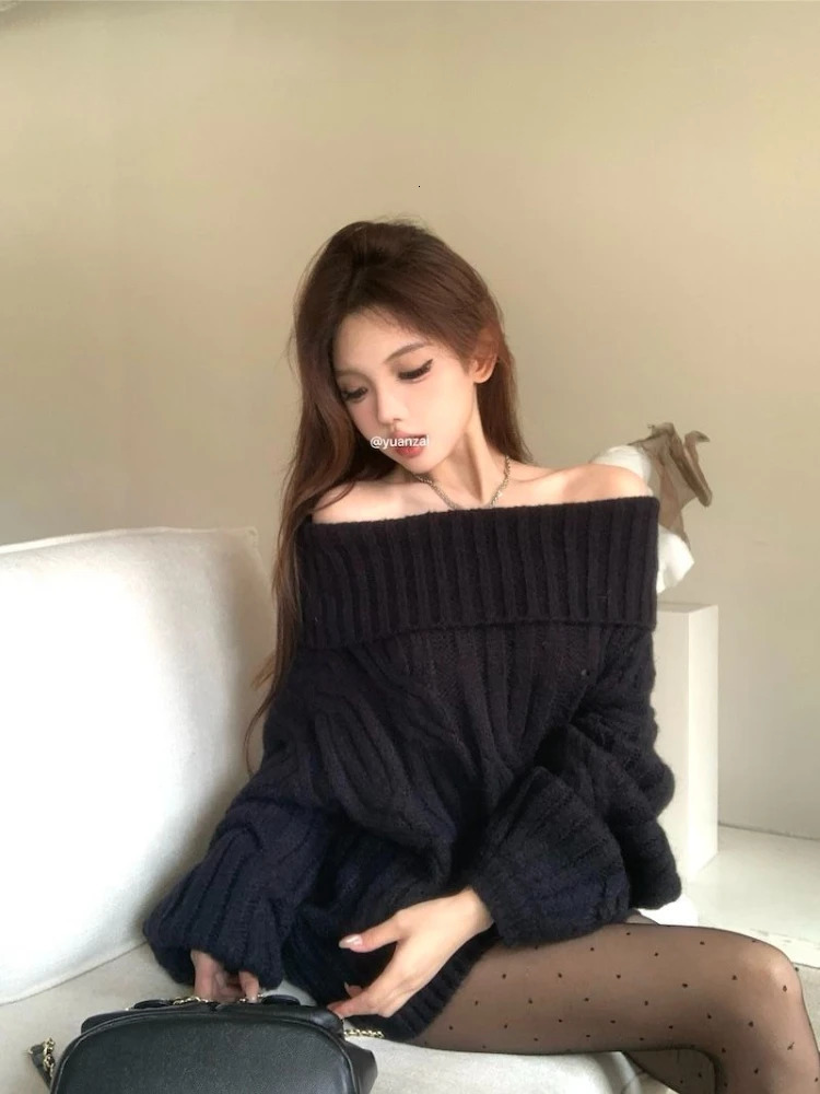 Autumn and Winter Fashion Sweet Knitted One Shoulder Hoodie Korean High End Cashmere Warm Thick Off Shoulder Long Sleeve Sweater 251215