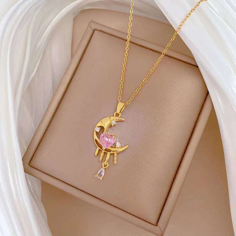 ZAKOL Shiny Pink Zircon Crystal Heart Moon Pendant Necklace for Women Stainless Steel Clavicle Chain Fashion Jewelry