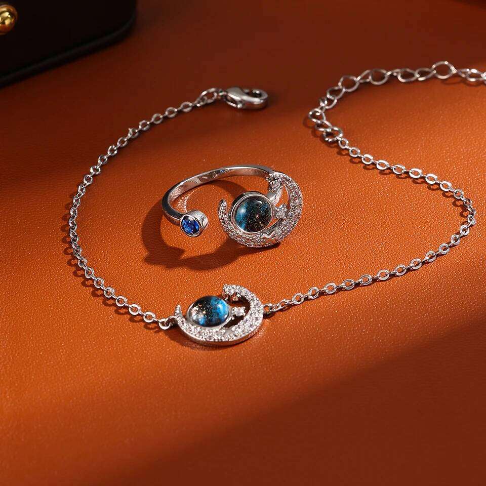 ZAKOL Two-piece Blue Space Planet Moon Titanium Steel Bracelet Ring Set for Women Exquisite Shiny Zircon Party Jewelry