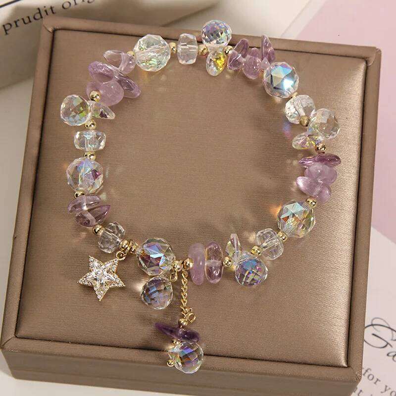 ZAKOL Versatile Purple Crystal Bead Bracelet With Star Zircon Pendant Shiny Stone Women's Summer Fashion Wristband Jewelry