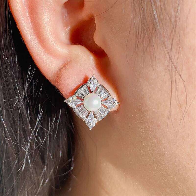 ZAKOL Simple Cubic Zirconia Imitation Pearl Square Stud Silver Color CZ Statement Earrings Hot Sale Jewelry