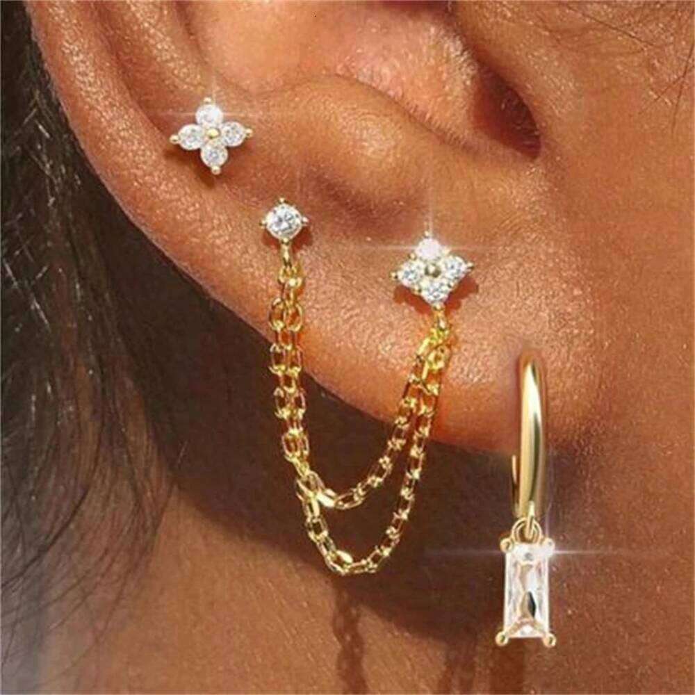ZAKOL 3pcs Gold Color Stainless Steel Four-Leaf Flower Crystal Stud Earrings Set For Women Exquisite Piercing Jewelry Charm