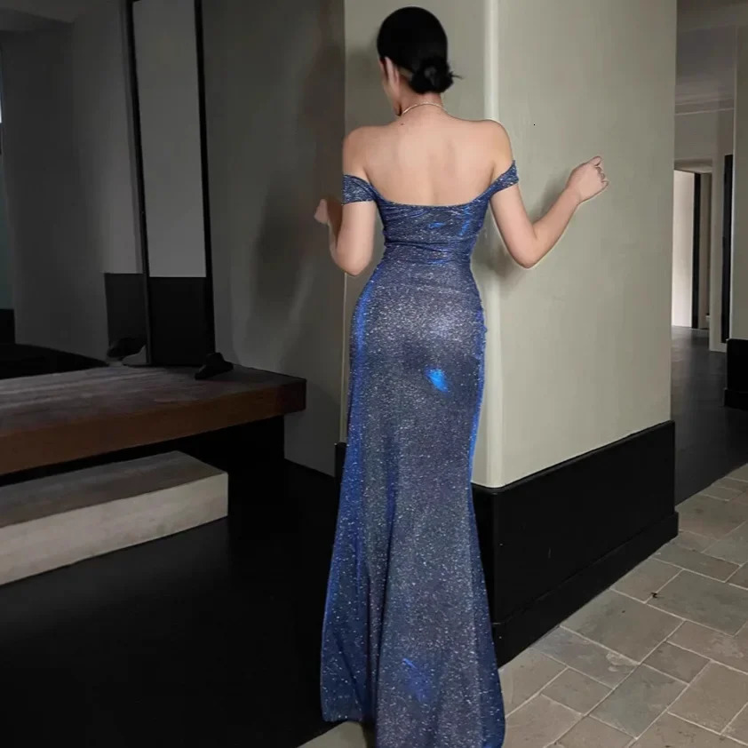 Blue Evening Gown One Shoulder Fish Tail Dress Performance Costume Birthday Party Adult Ceremony French Slit Tail Skirt 251217