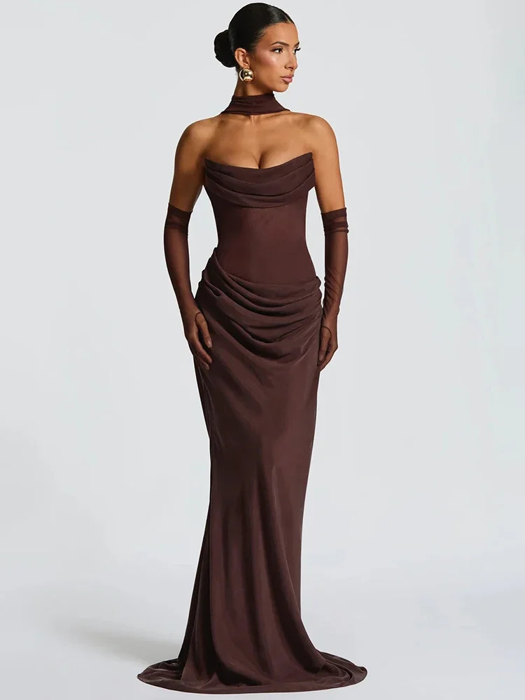 Off-shoulder Backless Sexy Maxi Dress Women Gown Elegant Scarf Collar Strapless Sleeveless Bodycon Club Party Dresses 251217