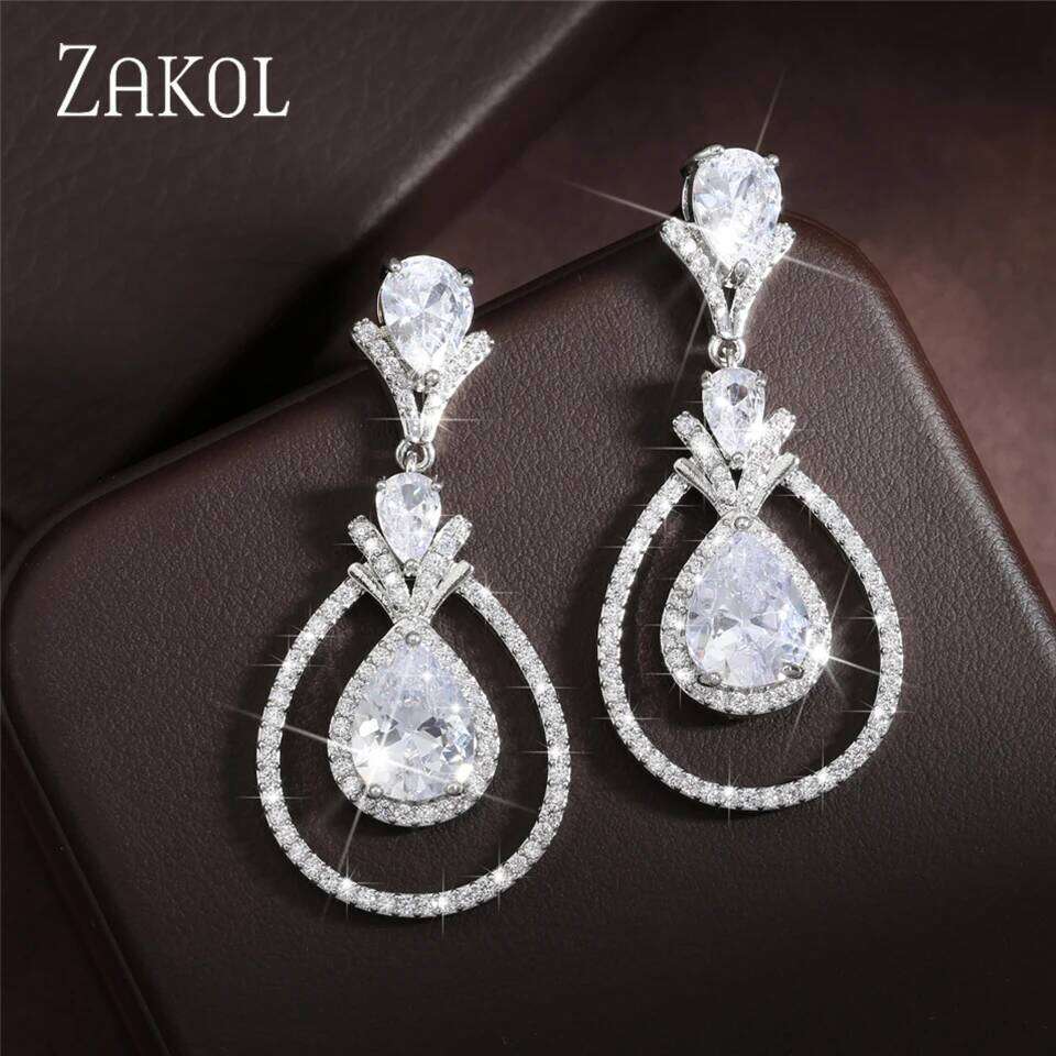 ZAKOL Luxury Geometric Water Drop Zircon Earrings for Bridal Wedding Women's Silver Color Party Jewelry