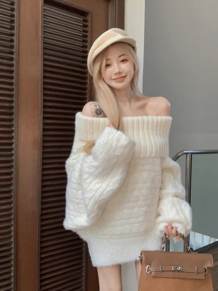 Winter Thicken Pullovers Women Gentle Slash Neck Sweaters Warm Knitted sweet Casual Autumn Fashion Soft Sueter Mujer 251215