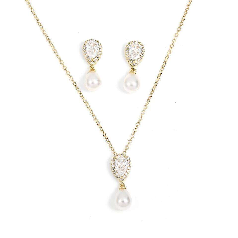 ZAKOL Luxury Water Drop Zirconia Dangle Necklace Teardrop-shaped Pearl Pendant Earring Wedding Jewelry Set