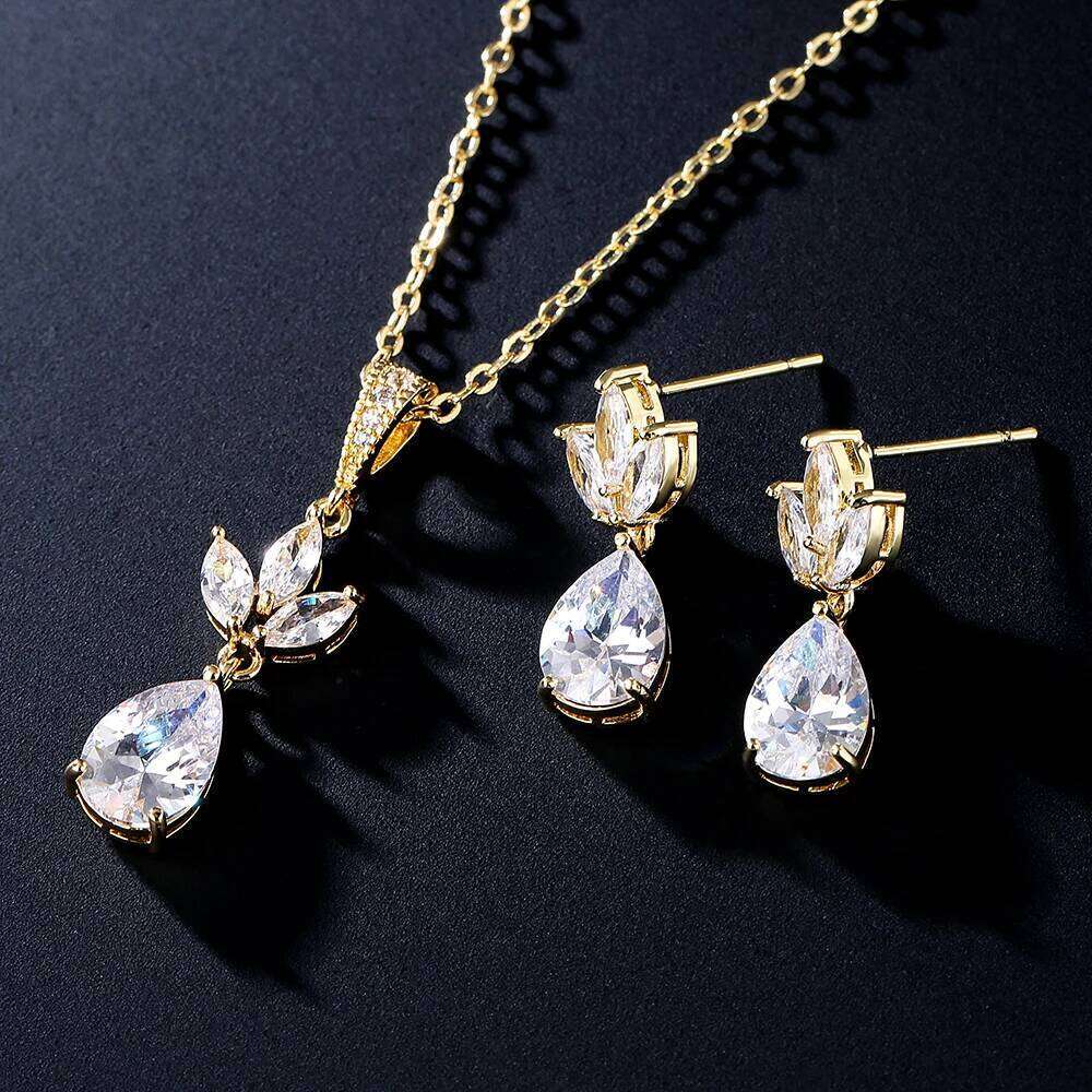 ZAKOL Classic Water Drop Shaped Earrings Necklace for Women Light Luxury Micro Inlaid Zircon Bridal Jewelry Gift