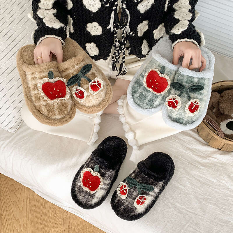 Buy 1 Get 1- Cute Little Cherry Plush for Women Winter Dirt-Resistan Comfortable Soft Sole Fleece-Lined, Non-Slip Cotton Slippers