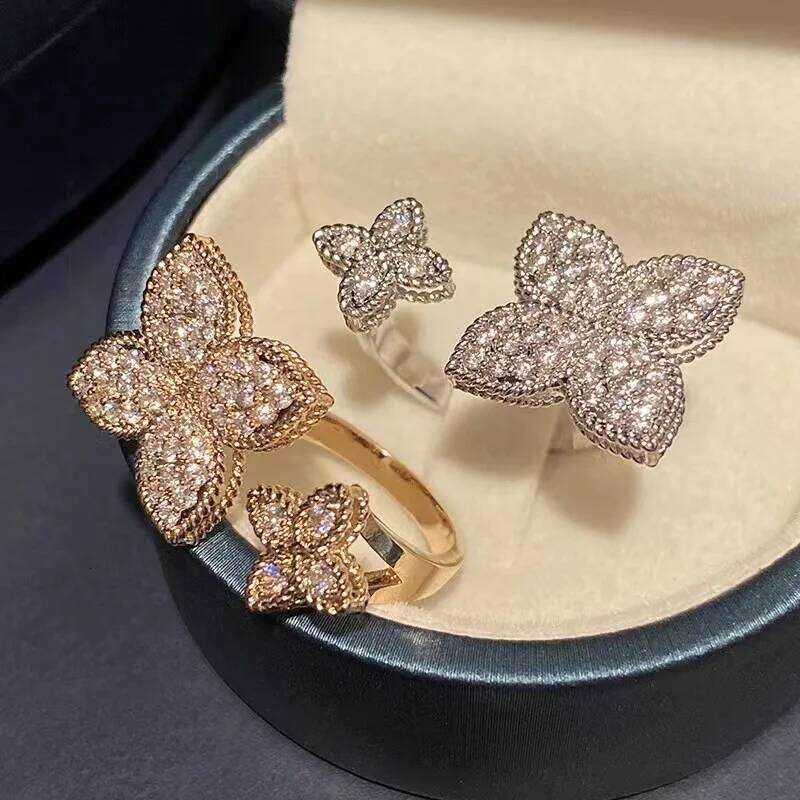 ZAKOL Shiny Micro-intact Zircon Four-leaf Flower Adjustable Open Rings Fashion Engagement Wedding Ring Jewelry Gift
