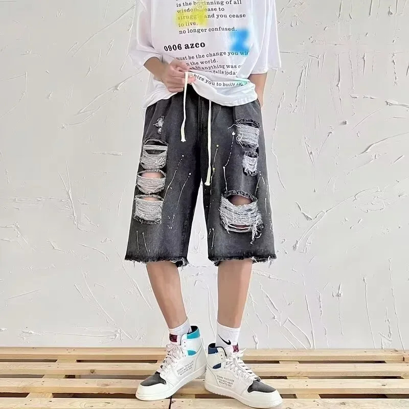 Summer Mens Hip Hop Fashion Ripped Jorts 2025 Y2K Vintage Streetwear Denim Shorts Casual Drawstring Baggy Short Jeans 251223