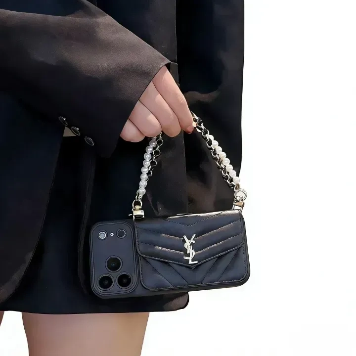 2025 Hot selling 3D Ysl card case phone case suitable for iPhone 17 16 15 14 13 Pro personalized lanyard grid pattern anti fouling high-end phone case