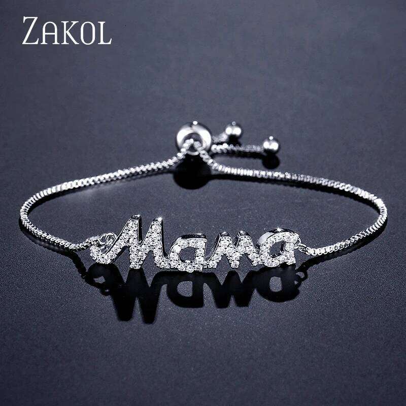 ZAKOL Exquisite Mom Letter CZ for Women Sparkling Micropaved Zirconia Gold Color Adjustable Chain Bracelet Gift