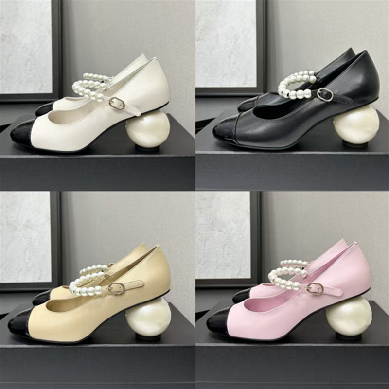 26 Summer Four Seasons New Mary Jane Shoes Women's Pearl Heels Thick Heels Color Matching Shallow Mouth Versatile Round Toe High Heels 7CM