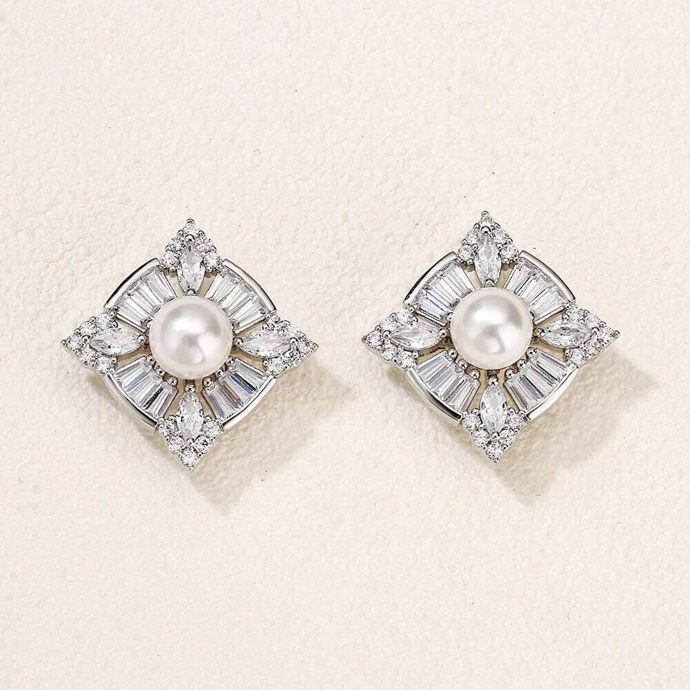 ZAKOL Simple Cubic Zirconia Imitation Pearl Square Stud Silver Color CZ Statement Earrings Hot Sale Jewelry
