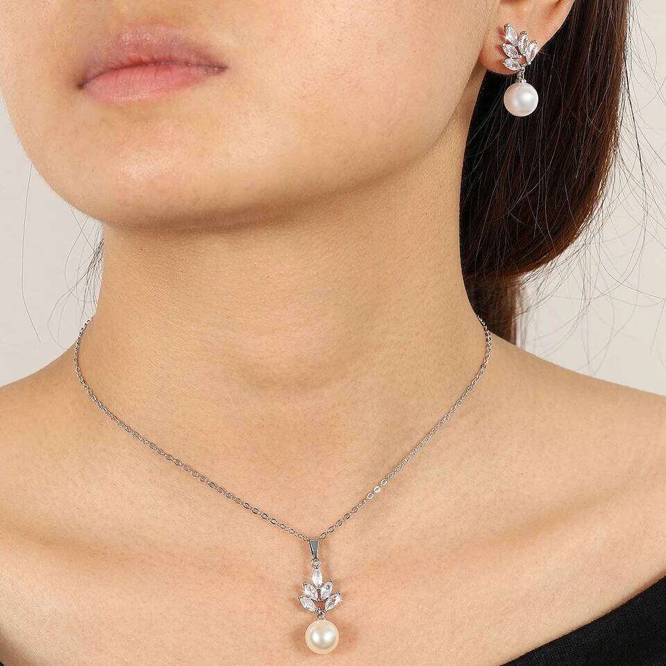 ZAKOL Elegant Imitation Pearl Zirconia Earring Necklaces Sets Exquisite Wedding Engagement Party Jewelry Gift With Packaging Box