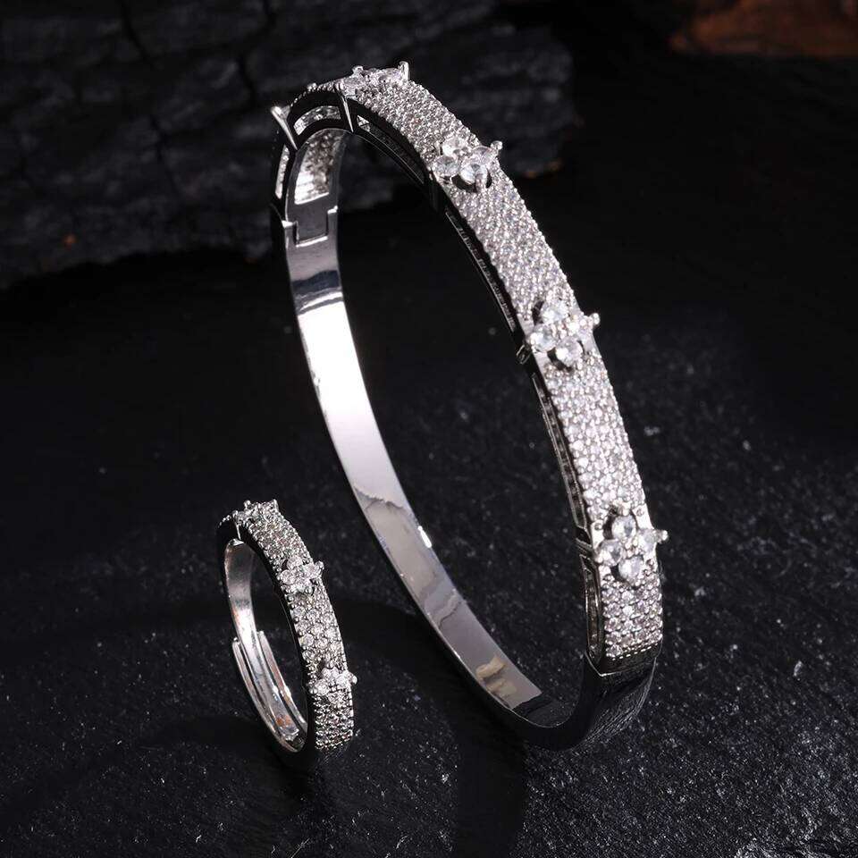 ZAKOL Copper Material Four Leaf Small Flower Zirconia Inlaid Bracelet Ring Set for Women Elegant Delicate French Wedding Jewelry