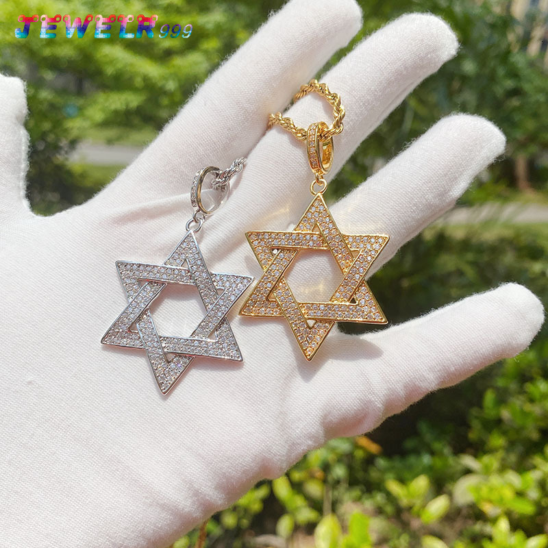 European and American Six Star Micro-inlaid Mens Necklace Star of David Hip Hop Pendant and Hot