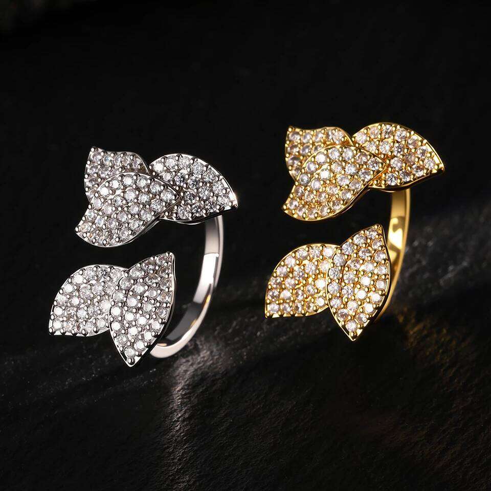ZAKOL Classic Micro-inlaid Zirconia Leaf Flower Open Rings for Women Sliver/Gold Color Engagement Wedding Party Jewelry