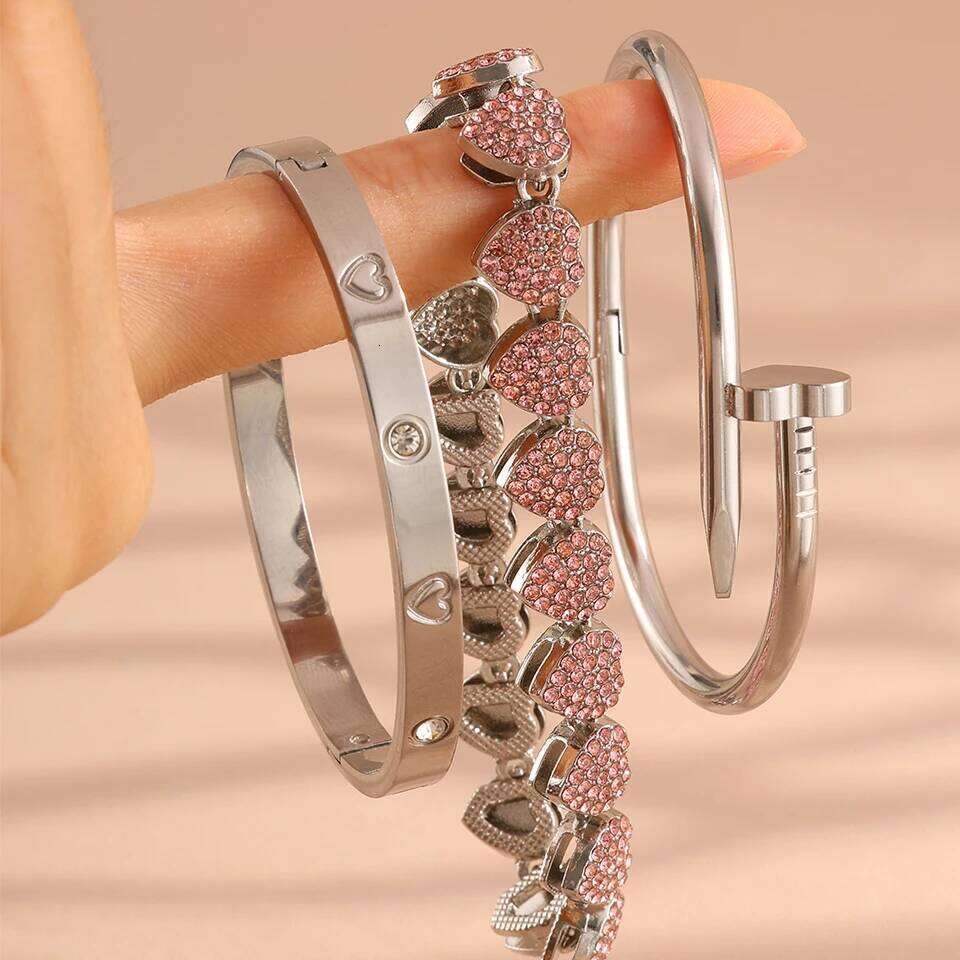 ZAKOL 3Pcs/Set Pink Rhinestone Hip-hop Bracelet Set Unisex Heart Charm Stainless Steel Stackable Jewelry