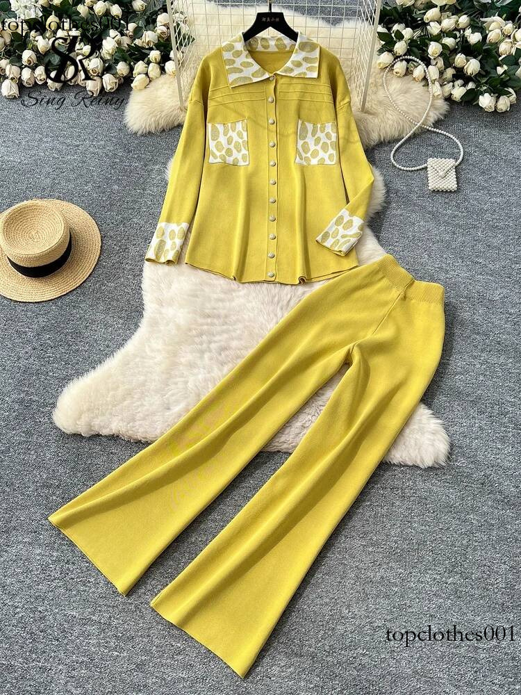SINGREINY Winter Leopard Casual Suits Fashion Women Loose Knit Shirt+Elastic Wide Legs Long Pants Print Sweater Two Pieces Sets
