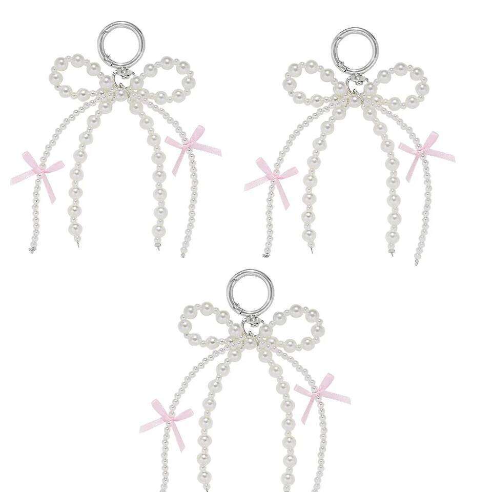 ZAKOL 3Pcs Cute Bow Imitation Pearl Bead Keychain Sweet Beaded Pendant Keyring Handbag Backpack Ornament Girls Gift