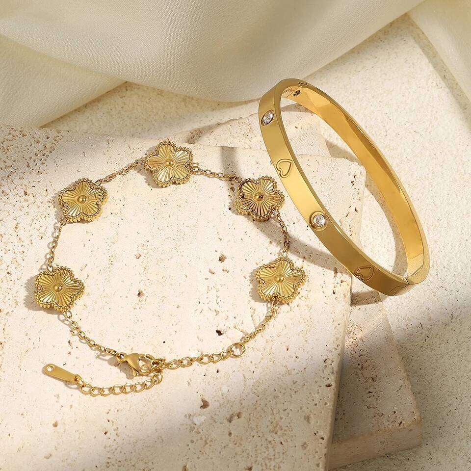 ZAKOL Fashion Five-leaf Flower Stacked Bracelet Bangle for Women Elegant Versatile Stainless Steel Jewelry Gift