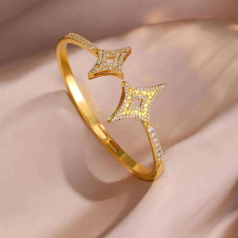ZAKOL Four-Pointed Star Adjustable Open Bracelet Elegant Statement Sparkling Zirconia Jewelry for Women Wedding Party