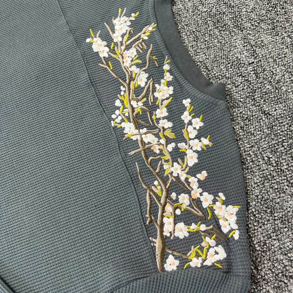 25fw Waffle Long Sleeve Derschutze Cherry Blossom Embroidery T Shirt Men Women Quality Heavy FabricUnisex Tee Tops T-Shirt 251211