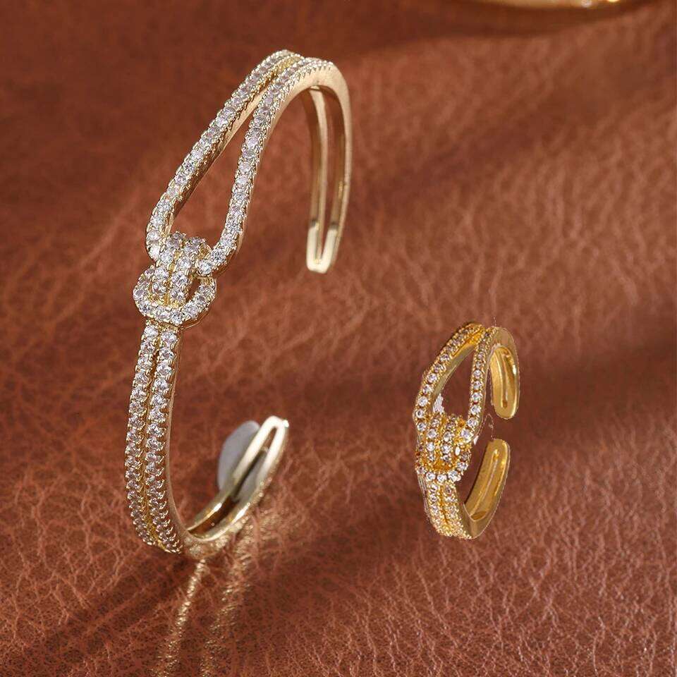 ZAKOL Classic Knotted Niche Design Micro-Inlaid Zircon Open Bracelet Ring for Women Exquisite Wedding Party Jewelry