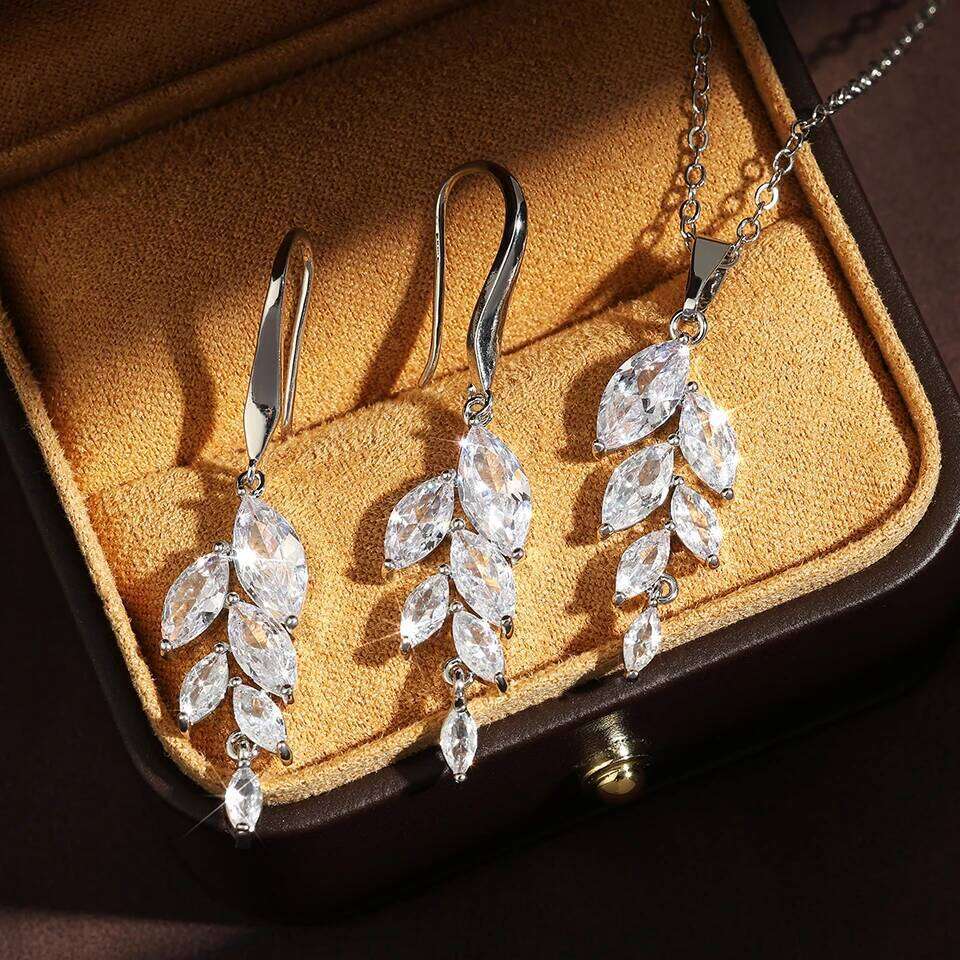 ZAKOL Classic AAA Zircon Leaf Earring Necklace Box 3 Pcs Sets for Women Luxury Birthday Jewelry Set Gift