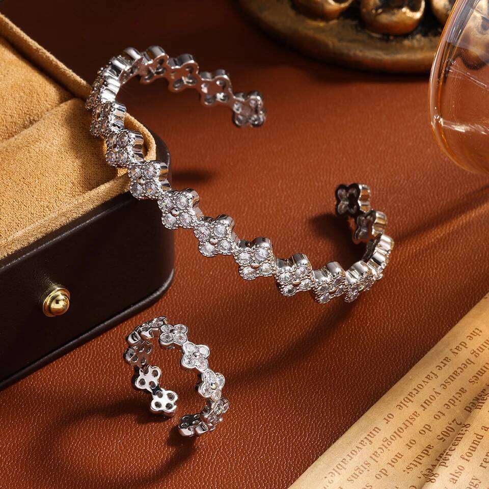 ZAKOL Luxury Four-leaf Flower Zircon Bracelet Ring Set for Women Gorgeous Shiny Colorful CZ Wedding Party Jewelry