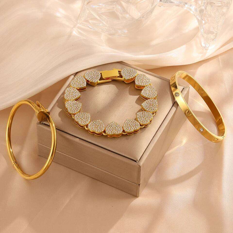 ZAKOL 3Pcs/Set Pink Rhinestone Hip-hop Bracelet Set Unisex Heart Charm Stainless Steel Stackable Jewelry