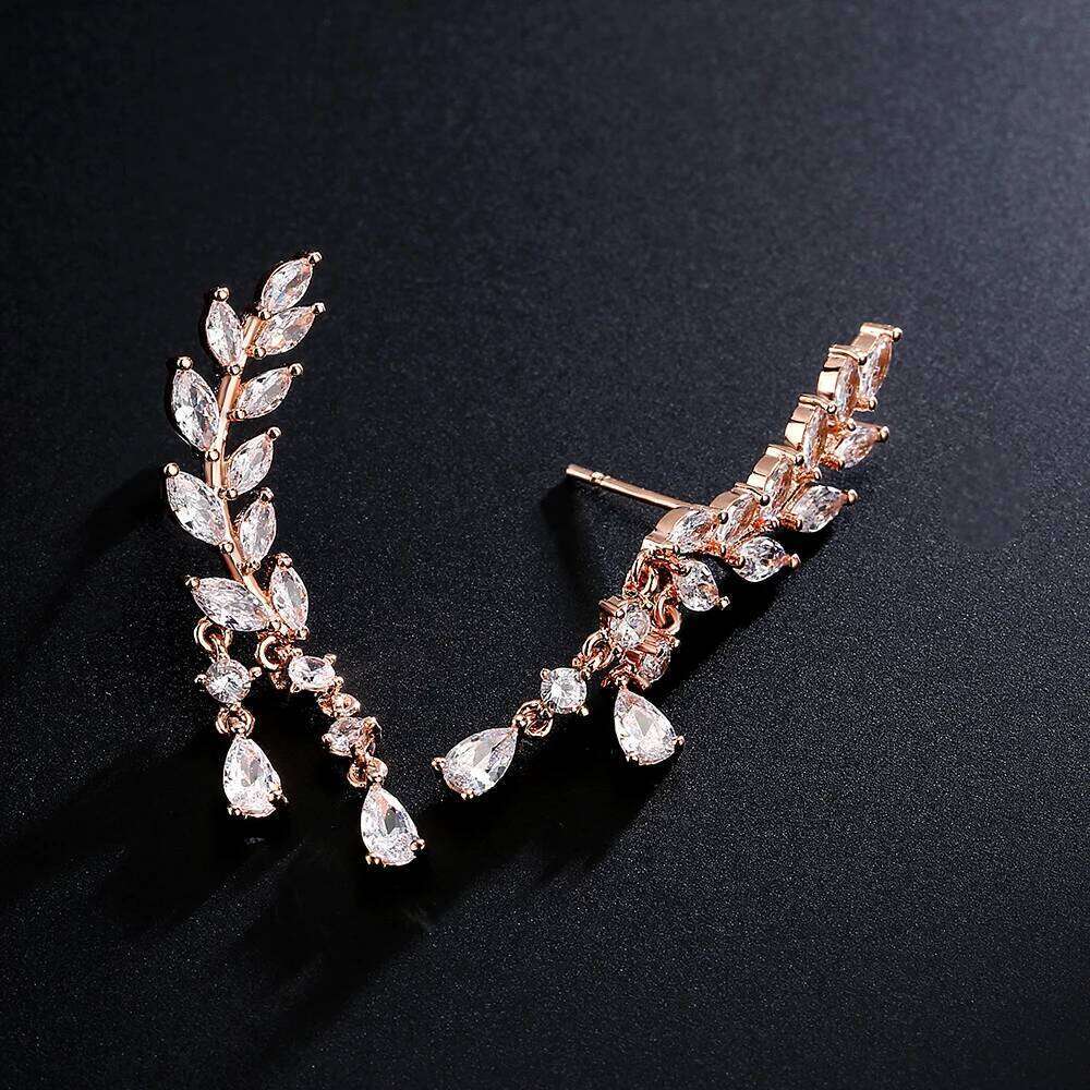 ZAKOL AAA CZ Crystal Zirconia Leaf Long Tassel Drop Earrings for Women Girl Fashion Wing Wedding Party Jewelry