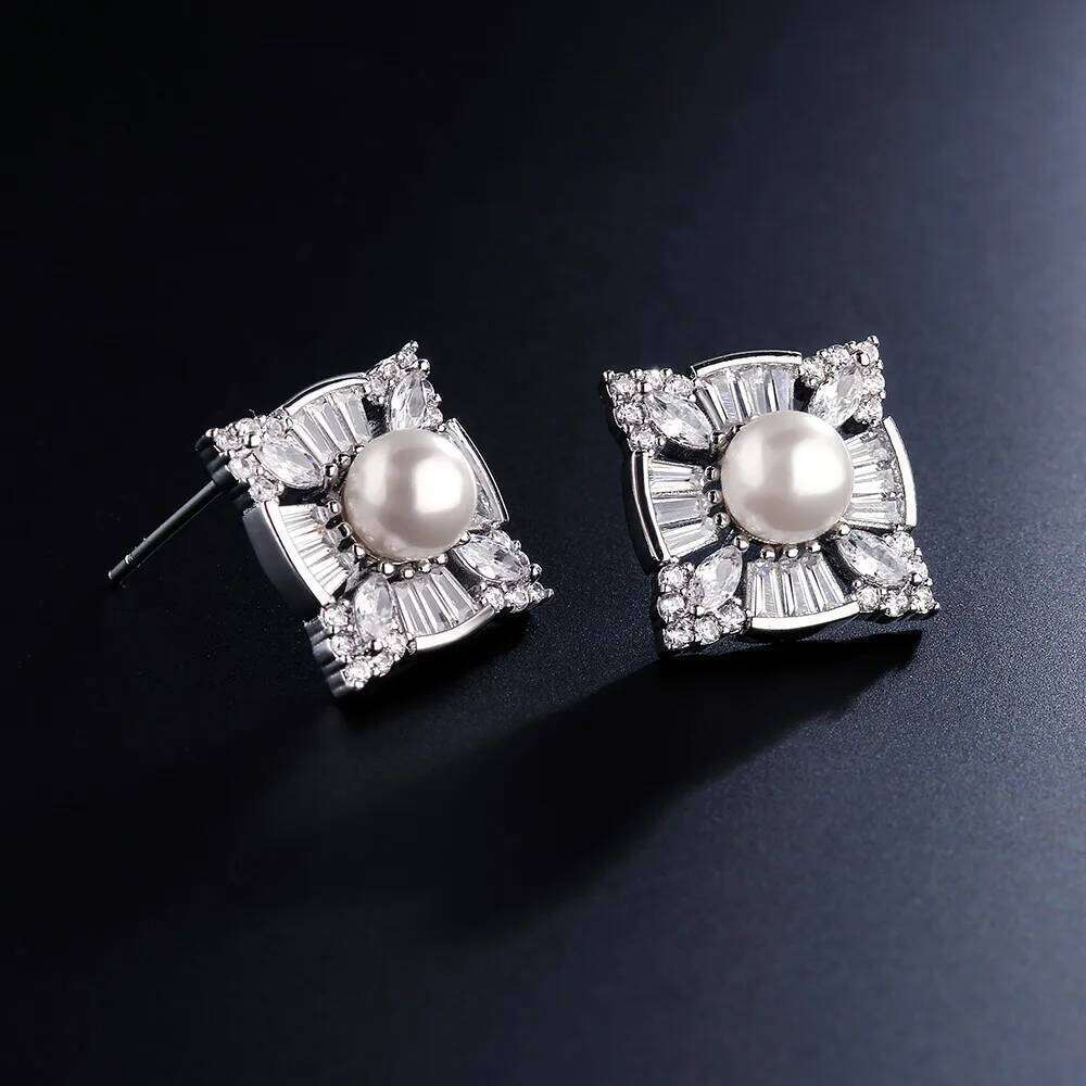 ZAKOL Simple Cubic Zirconia Imitation Pearl Square Stud Silver Color CZ Statement Earrings Hot Sale Jewelry