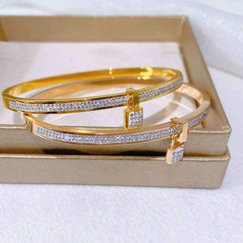 ZAKOL Stainless Steel Micro Inlaid Zircon Padlock Charm Bracelet Shiny Crystal CZ Non-fading Waterproof Bangle Party Jewelry