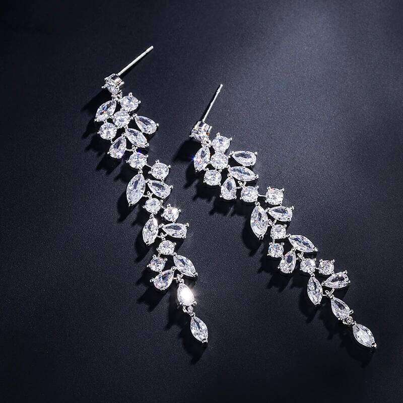 ZAKOL Fashion Cubic Zirconia Leaf Long Dangle Earrings for Elegant Women White Leaves Drop Earring Bridal Wedding Jewelry