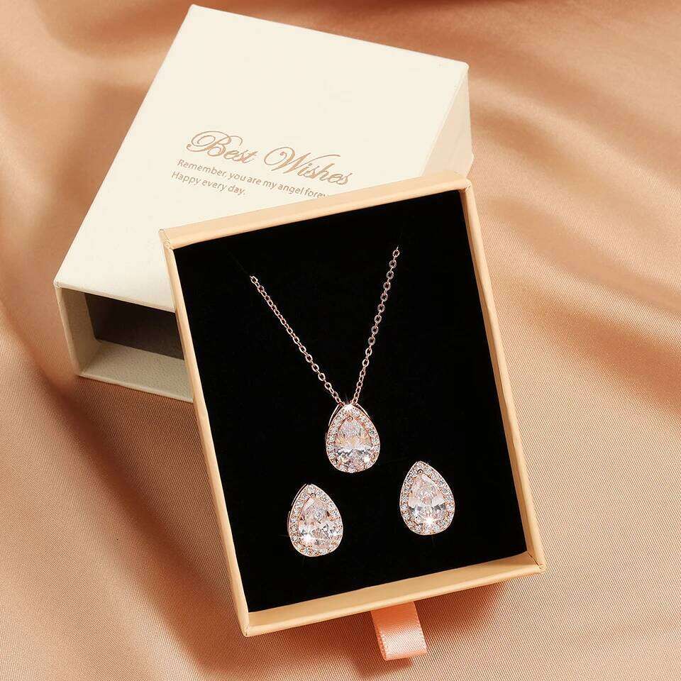 ZAKOL 2 Pcs Classic Water Drop Zircon Earring Necklaces for Women Luxury Shiny Crystal Wedding Jewelry With Gift Box