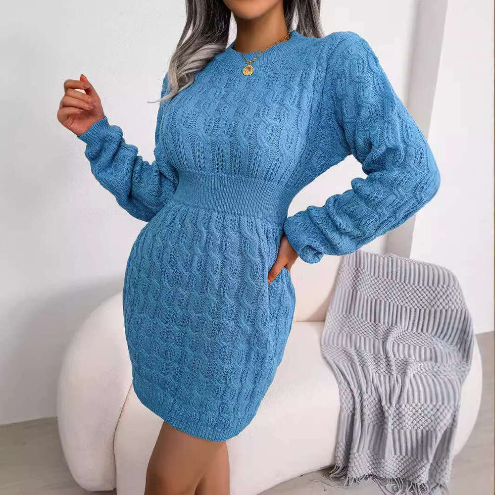 Autumn Winter European American Casual Braided Waist-Hugging Bodycon Base Sweater Dress Amazon Cross-Border Women's Fashion