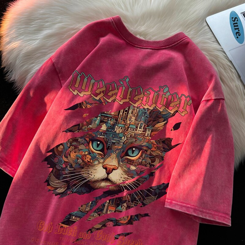 2026 Summer New American Style Washed Short Sleeve T-shirt for Men. Trendy Brand, Cat Print, Loose Fit, Couples' Style.