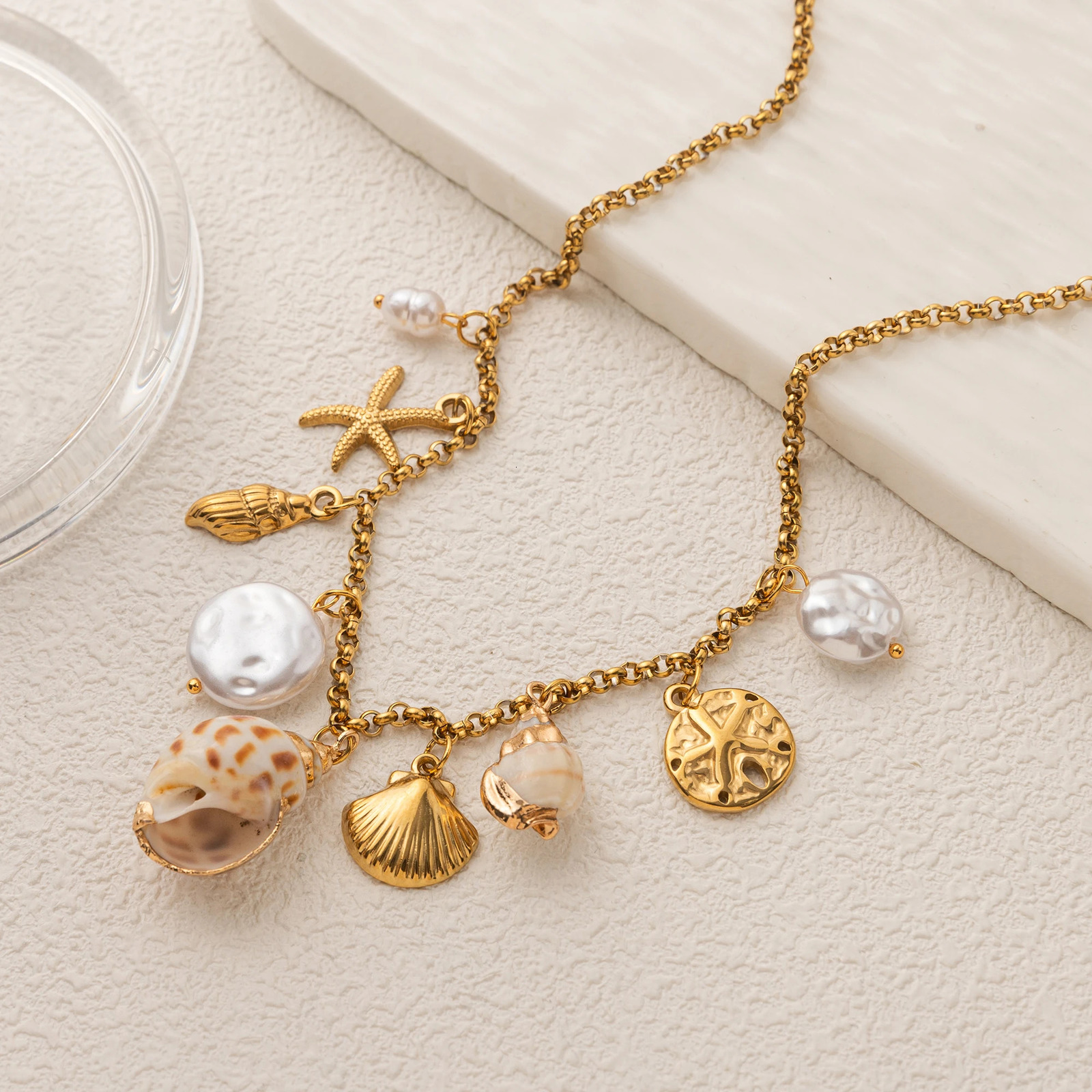 Stainless steel summer beach breeze shell starfish conch pearl necklace vacuum plated 18K gold color retention 251223
